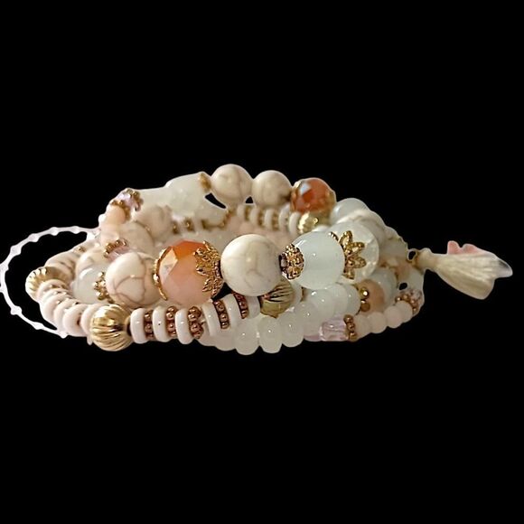 Glass Beaded Stacked Bracelet Rows Beads Floral Neutrals Y2K Boho Fairy Indie - Picture 4 of 16